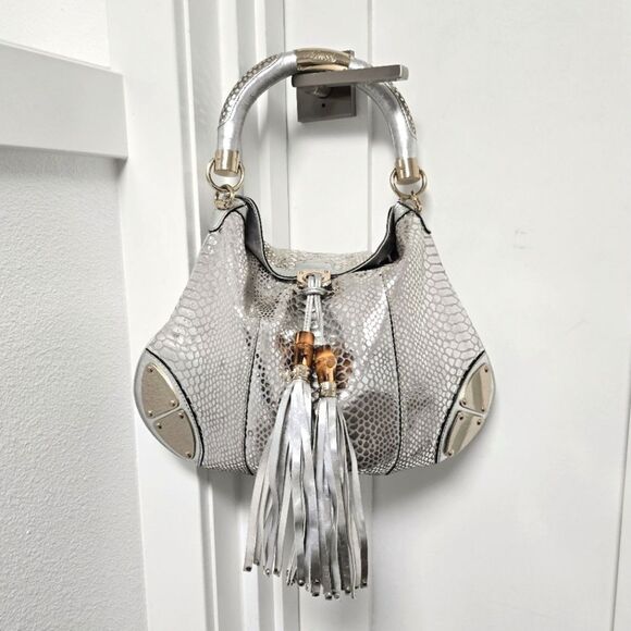 Gucci Handbags - Gucci Indy Bamboo Leather Hobo in Silvee Embossed Python
